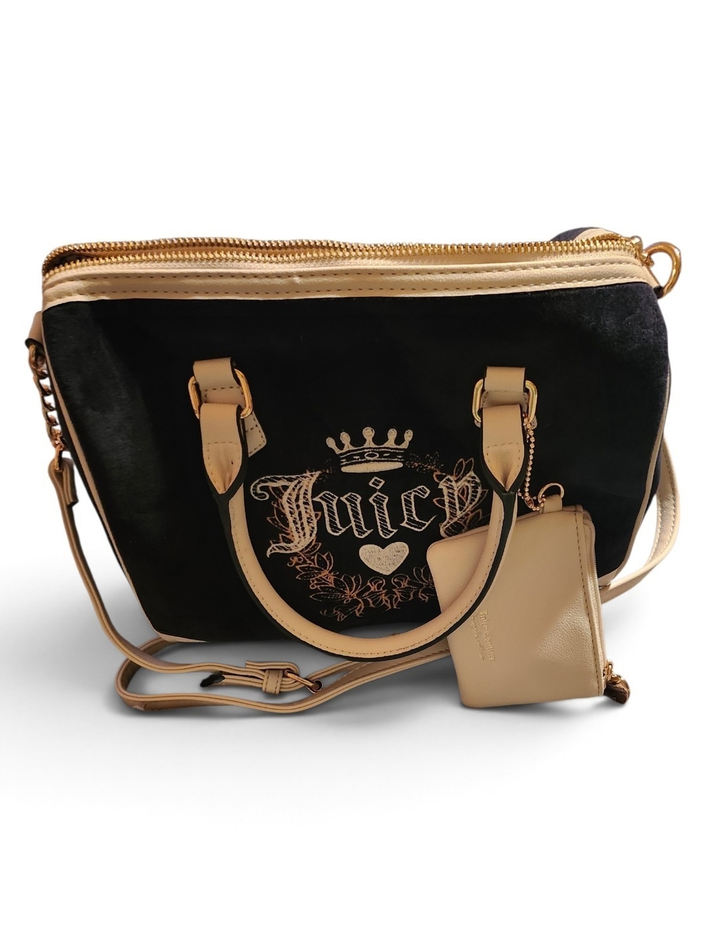 Juicy Couture Black Velvet Satchel with White Trim and Gold Hardware